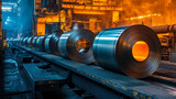 Steel coils being processed in a bustling manufacturing facility with warm lighting in the evening hours