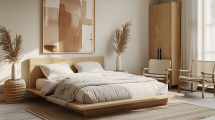 Wall Mural - Warm, minimalist bedroom featuring a platform bed with natural linen bedding, light wood furniture, and a large abstract art piece in muted earth tones. home interior design concept 