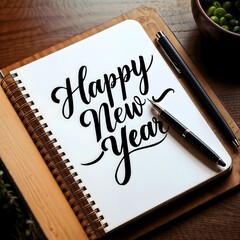 Happy new year's greeting postcard 2025 written on a notepad on an office desk with a pen  symbolizing new beginning, growth, future mission , copy space. ready for the party. Happy new year concept