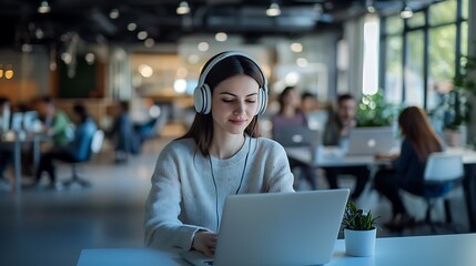 Wall Mural - A person in a tech startup office, wearing headphones and collaborating via laptop with a group of colleagues.