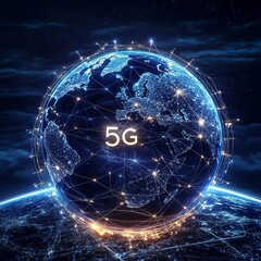 Power of 5G Holographic earth with glowing lines and 5G nodes connecting continents, Power of 5G, globalization and digital transformation