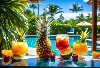 refreshing summer beverages adorned colorful fruit garnishes bright inviting presentation, drink, vibrant, citrus, cocktail, mocktail, lemonade, smoothie