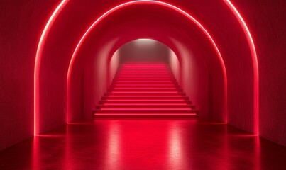 Futuristic Light Red Room with Illuminated Stairway for Modern Product Podium Presentation in Sleek Underground Tunnel, Generative AI