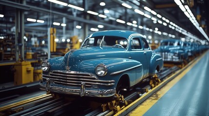 Aufkleber - A classic blue car is positioned on a moving assembly line in a vintage automobile factory, highlighting the production process of mid-century vehicles