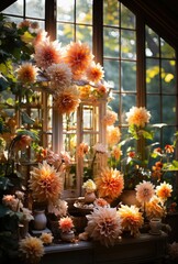 Poster - Sunlight pours into a beautifully arranged space filled with blooming dahlias in shades of orange and cream, creating a warm and inviting atmosphere