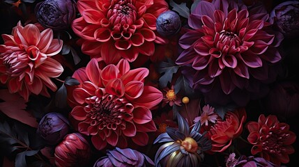 Poster - A striking collection of lustrous red and purple flowers fills the frame, displaying their detailed petals against a dark backdrop, creating a rich, vibrant contrast