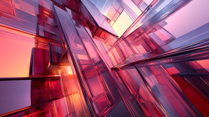 Abstract geometric design featuring vibrant colors and translucent shapes in a futuristic setting during twilight