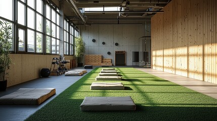 Poster - The open wellness area features yoga mats laid out on vibrant artificial grass, surrounded by wooden walls and large windows letting in ample natural light