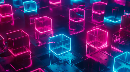 Poster - abstract background neon glowing lights and black cubes , futuristic technology wallpaper, digital cyber tech backdrop