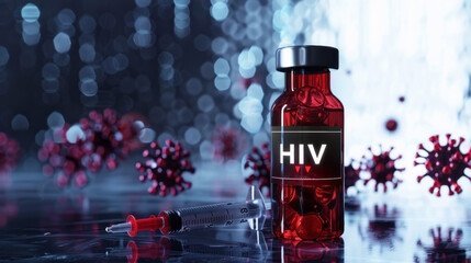 Poster - A bottle of HIV vaccine is shown with a syringe next to it