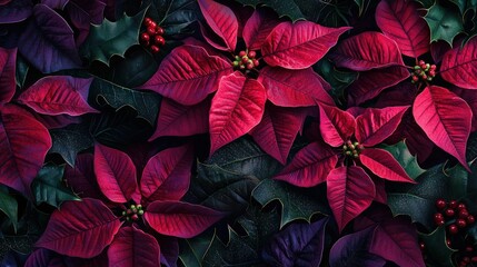 Wall Mural - Bright red poinsettia flowers are nestled among rich green holly leaves, creating a stunning winter garden arrangement filled with holiday spirit