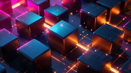 Poster - abstract background neon glowing lights and black cubes , futuristic technology wallpaper, digital cyber tech backdrop