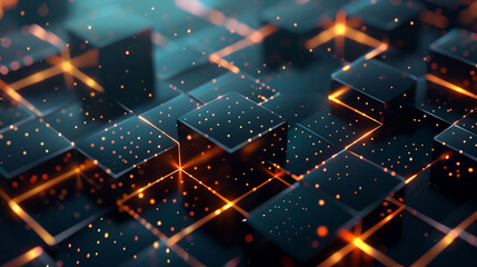 Poster - abstract background neon glowing lights and black cubes , futuristic technology wallpaper, digital cyber tech backdrop