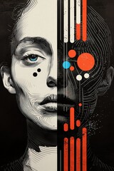 Aufkleber - A striking artistic representation features a woman's face, skillfully divided with intricate lines on one side and bold geometric patterns in vibrant colors on the other side