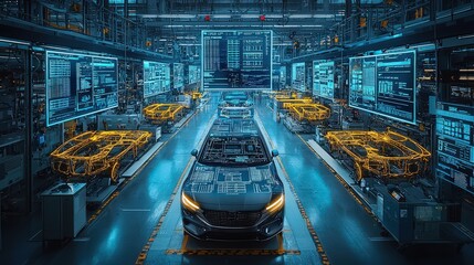 Aufkleber - A high-tech automotive manufacturing facility features multiple electric vehicles in various stages of assembly, illuminated by digital displays and holographic interfaces at night