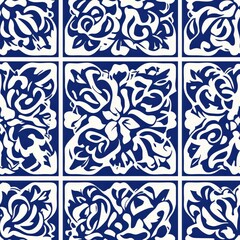 Poster - The design showcases a series of intricate floral patterns in deep blue and white, perfect for decorating walls or floors. This timeless style adds sophistication to interiors