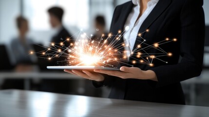 Poster - businesswoman holding tablet with digital sparks