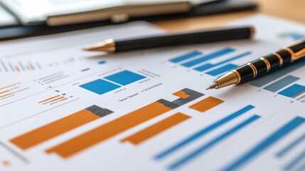 Poster - A high-resolution image of a financial report featuring multiple bar charts with detailed performance metrics, placed on a desk with business documents and a pen.