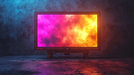 Poster - Bright hues of pink, orange, and yellow swirl on a large screen, illuminating a darkened space. The atmosphere is dynamic and engaging, drawing the viewer's attention