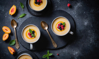 A close-up shot of creamy soup garnished with fresh raspberries, blueberries, and blackberries in white bowls on a dark background