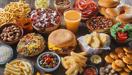 Wall Mural - composition of many junk unhealthy fast food on the table ultra processed food concept low nutrition value high calories value