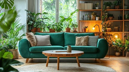 Wall Mural - A bright living room features a green couch adorned with cushions, surrounded by lush indoor plants and a wooden coffee table, creating a warm and inviting atmosphere