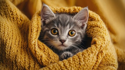 Wall Mural - A curious grey kitten peeks out from a soft yellow knitted blanket, its bright eyes full of playful energy, creating a warm and inviting atmosphere