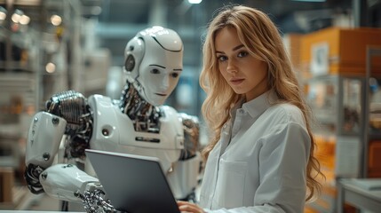 Poster - In a modern workspace, a woman engages with a humanoid robot, both focused on a laptop screen, highlighting cooperation between humans and technology in innovative environments