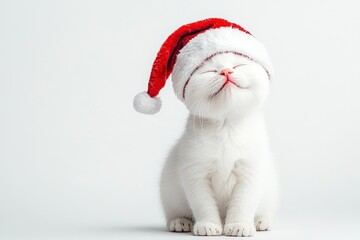 Wall Mural - This adorable cat, adorned with a classic Santa hat, exudes holiday cheer with its content expression, celebrating the festive spirit