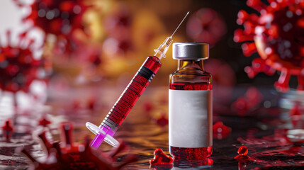 Poster - A syringe with a red liquid in it is next to a bottle of medicine