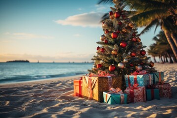 Poster - The Christmas tree is beautifully decorated with bright ornaments, surrounded by various wrapped gifts on a sandy beach beneath a clear sky at sunset