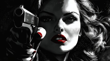 Wall Mural - A stylishly dressed woman with striking red lips holds a handgun pointed forward, portraying confidence and intensity in a dramatic, moody environment emphasizing shadows and contrast