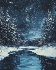 Snowy winter night landscape with starry sky