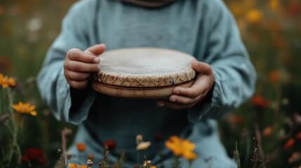 A child in a blue outfit holding a small hand drum surrounded by a field of vibrant wildflowers, capturing a serene and joyful moment in nature's embrace.