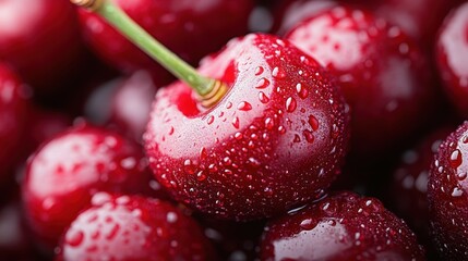 Sticker - An enticing close-up image of ripe cherries featuring glistening water droplets, highlighting their lush red color and juicy texture, perfect for food lovers and photography enthusiasts.