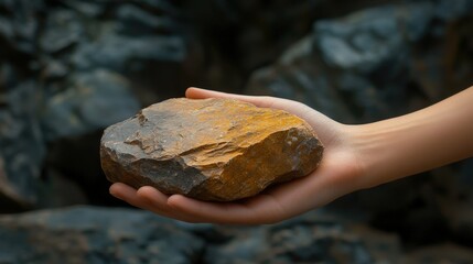 Poster - hand holding a brown copper rock in natural setting