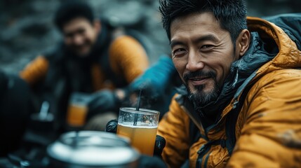 A group of hikers dressed in warm attire pause to enjoy refreshing drinks, embracing the cold with smiles and camaraderie on a journey.