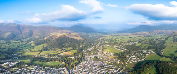 Beautiful aerial view of the Keswick, Derwentwater, Lake District National Park of England