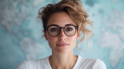 A smiling woman in glasses stands confidently before a map, suggesting exploration, knowledge, and positivity in a contemporary, organized setting.