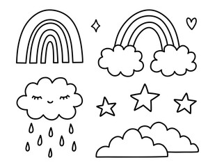 cute set of weather elements - clouds, rainbow, stars. vector hand-drawn illustration in doodle styl