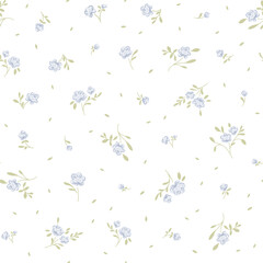 Beautiful cute small rose flowers and leaves white background, simple vintage ditsy style of blue and green colors. Seamless pattern for textile, fashion fabric print girl and woman dress, design