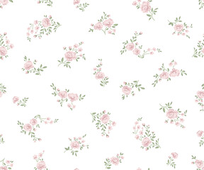 beautiful cute small pink rose flowers with green leaves background, simple vintage ditsy style. sea
