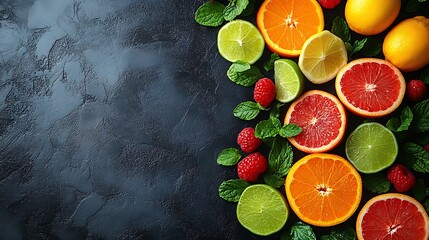 Wall Mural - Sliced citrus fruits, raspberries, and mint leaves on a dark background.