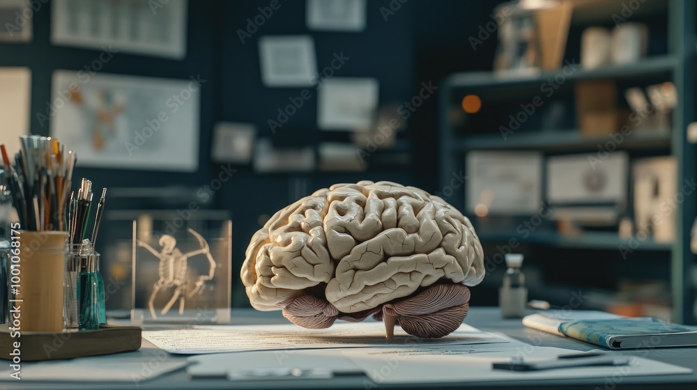 An educational scene featuring a human brain cross-section with labeled ...