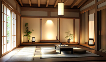 Canvas Print - Japan style living area in luxury room or hotel japanese style decoration.3D rendering