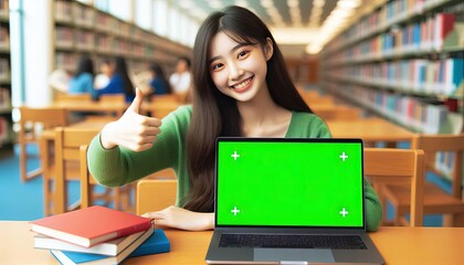 Happy Female Student Showing Thumbs Up While Using Laptop with Green Screen in Library.