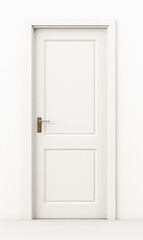 White wooden closed door on white wall.