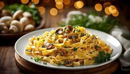 Savory omelette topped with mushrooms and parsley arranged on a rustic wooden board