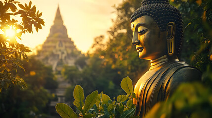 A large golden Buddha statue towering above lush greenery, with sunlight highlighting the gold