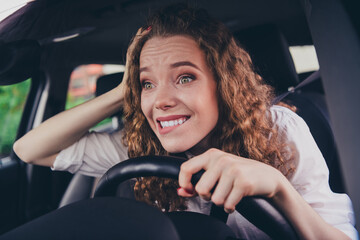 Poster - Photo of funky lady girl wear white shirt smiling riding vehicle enjoying trip outdoors urban city street